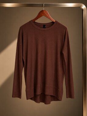Bobi Los Angeles Ribbed Knit Top Bistro Brown Back Pleat Hi-Low Long Sleeve XS N